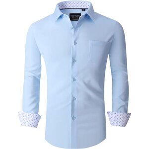 Men's Blue Polo Dress Shirts‎ Regular Fit Long Sleeve Stretch Business T-shirt